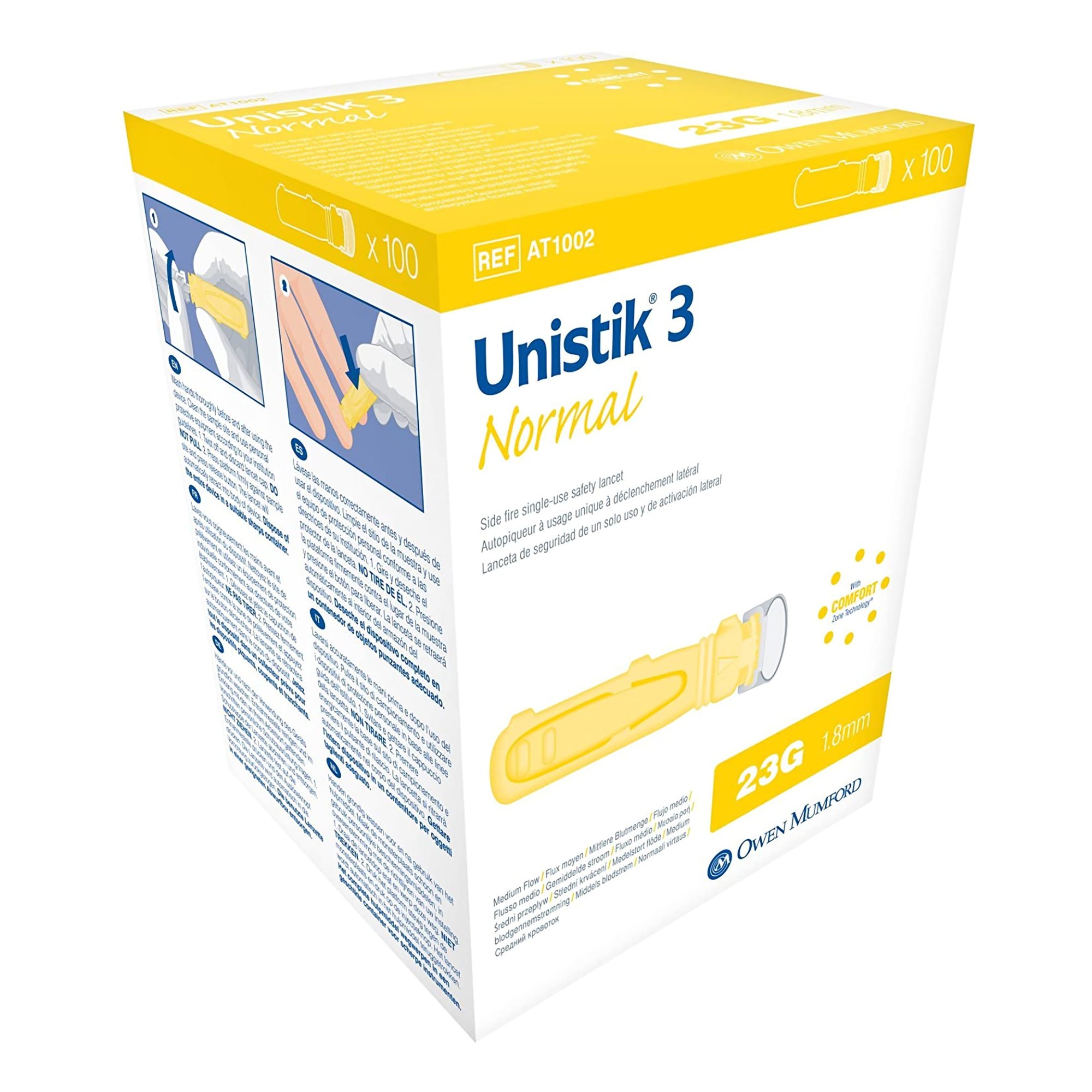 Lancet Unistik® 3 Safety Lancet Normal Flow Needle 1.8 mm Depth 23 Gauge Push Button Activation Yellow by Owen-Mumford  ID AT1002